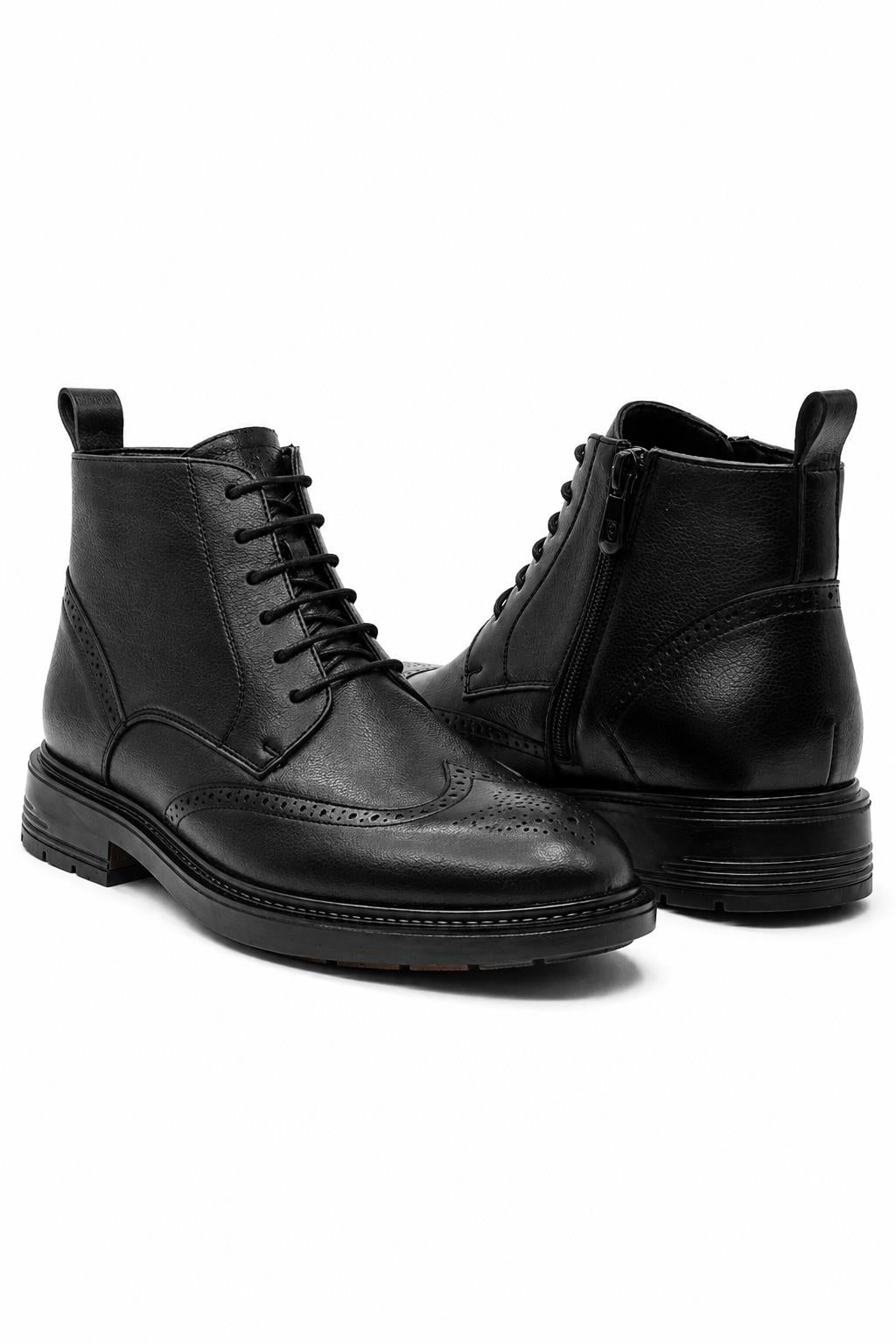 Men's Black Faux Leather Wingtip Brogue Boots