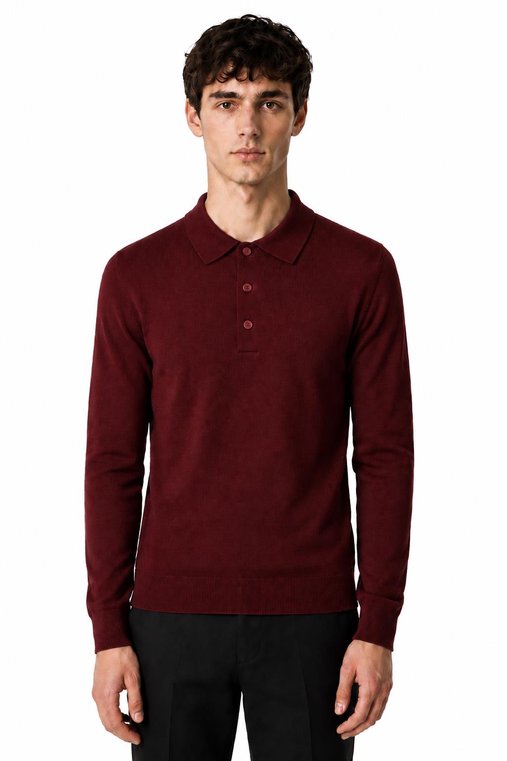 Men's Maroon 100% Cotton Fine Knit Button Neck Polo Jumper