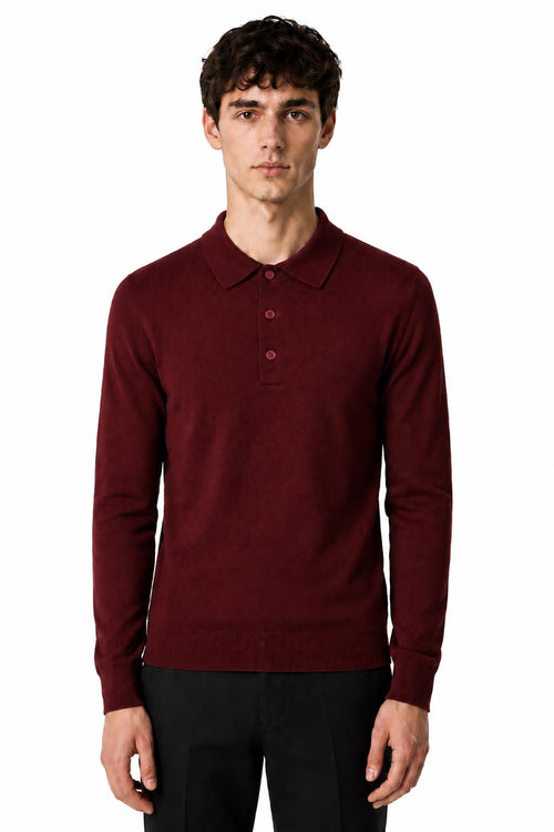 Men's Maroon 100% Cotton Fine Knit Button Neck Polo Jumper