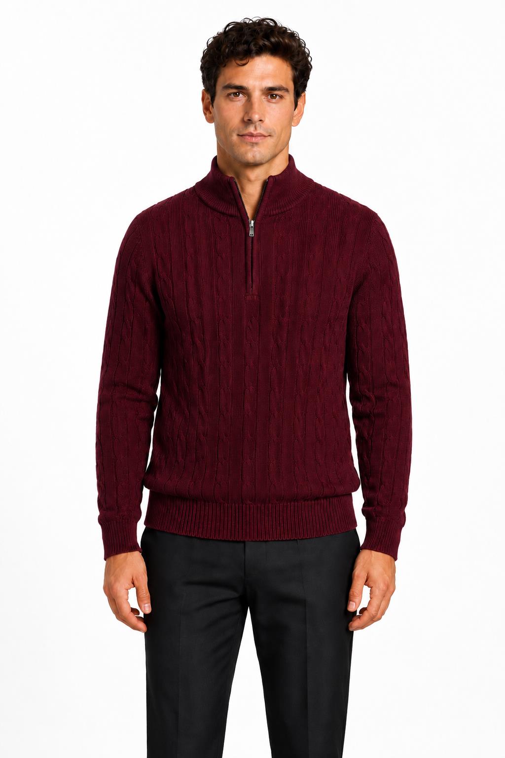 Men's Maroon 100% Cotton Fine Cable Knit Quarter Zip Neck Jumper