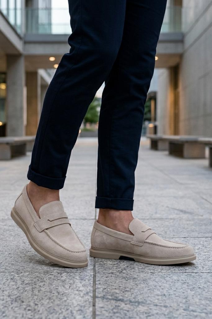 Men’s Milo Beige Suede Leather Penny Loafers
