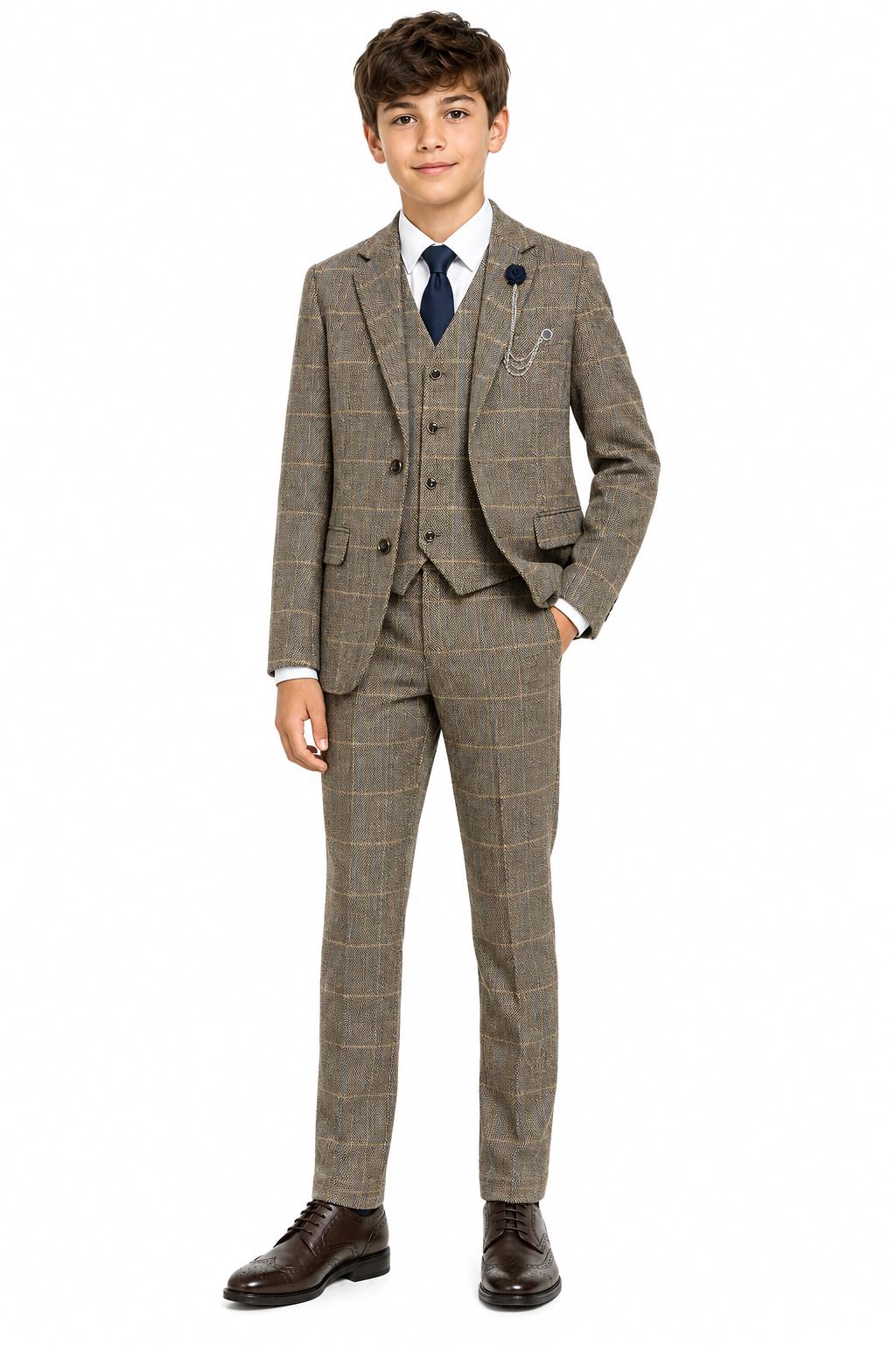 Boys Tan Brown Tweed Check 3 Piece Suit with Lapel Pin