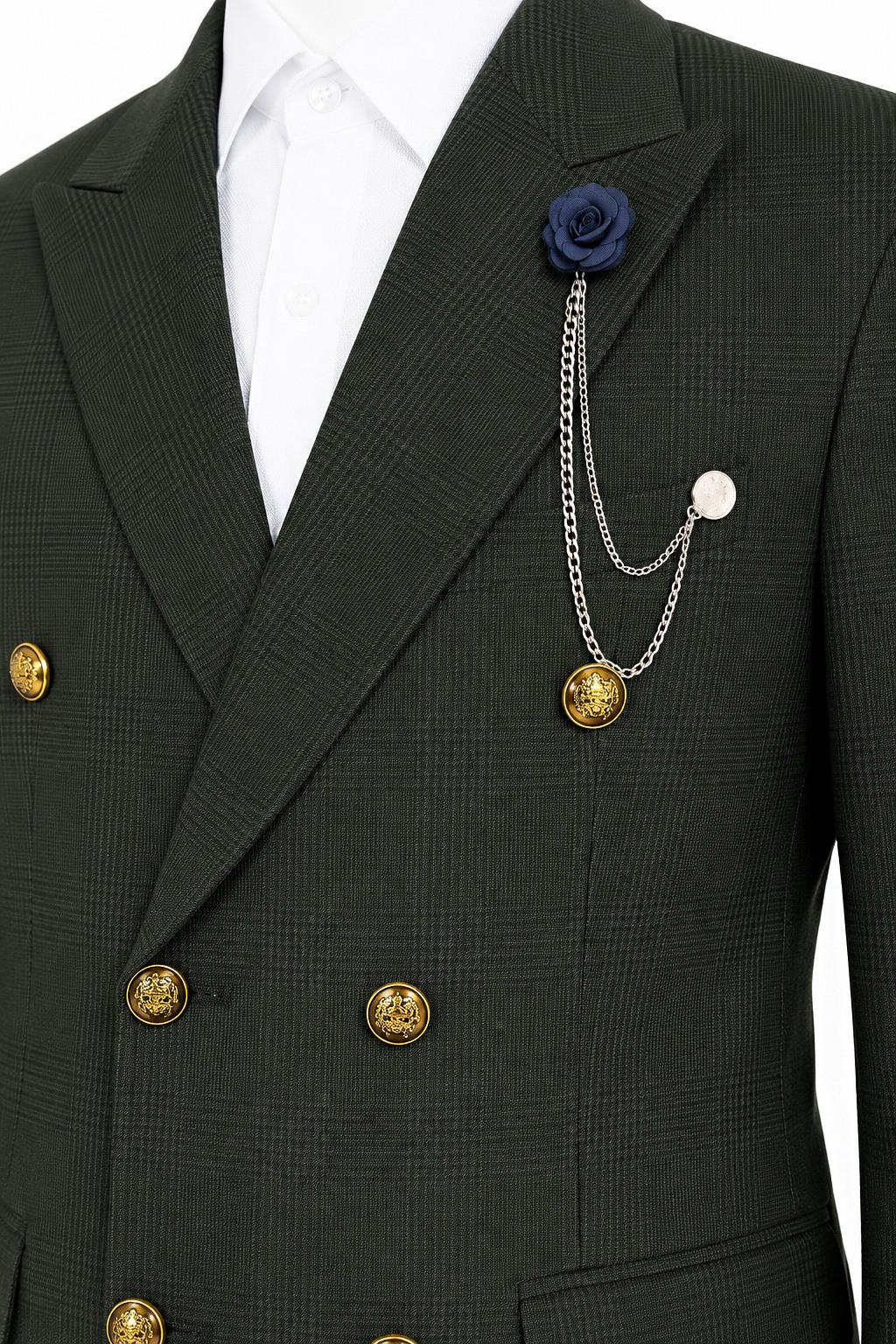 Boys Finley Olive Green Check Double Breasted 2 Piece Suit with Gold Buttons
