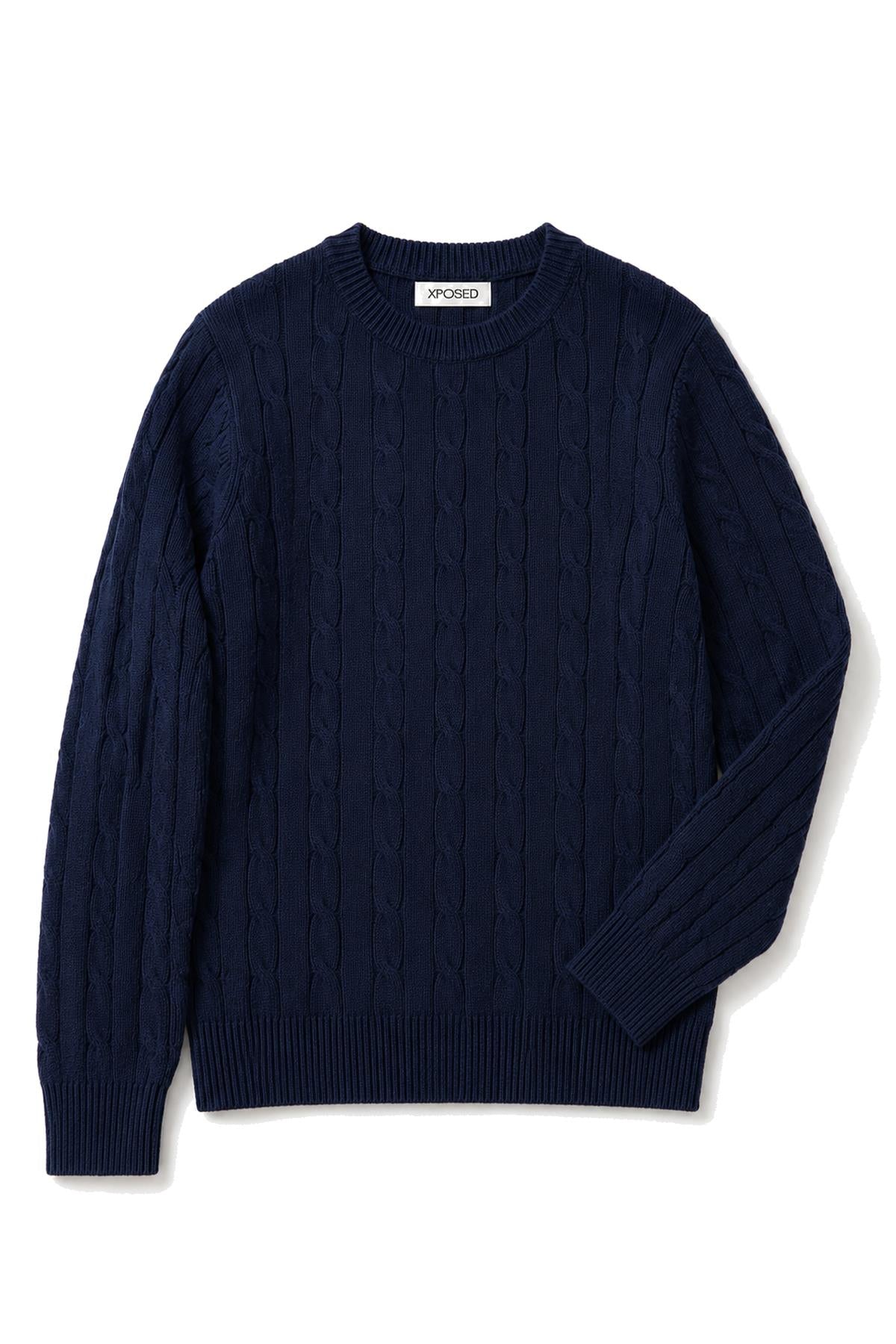 Men's Navy 100% Cotton Fine Cable Knit Crew Neck Jumper