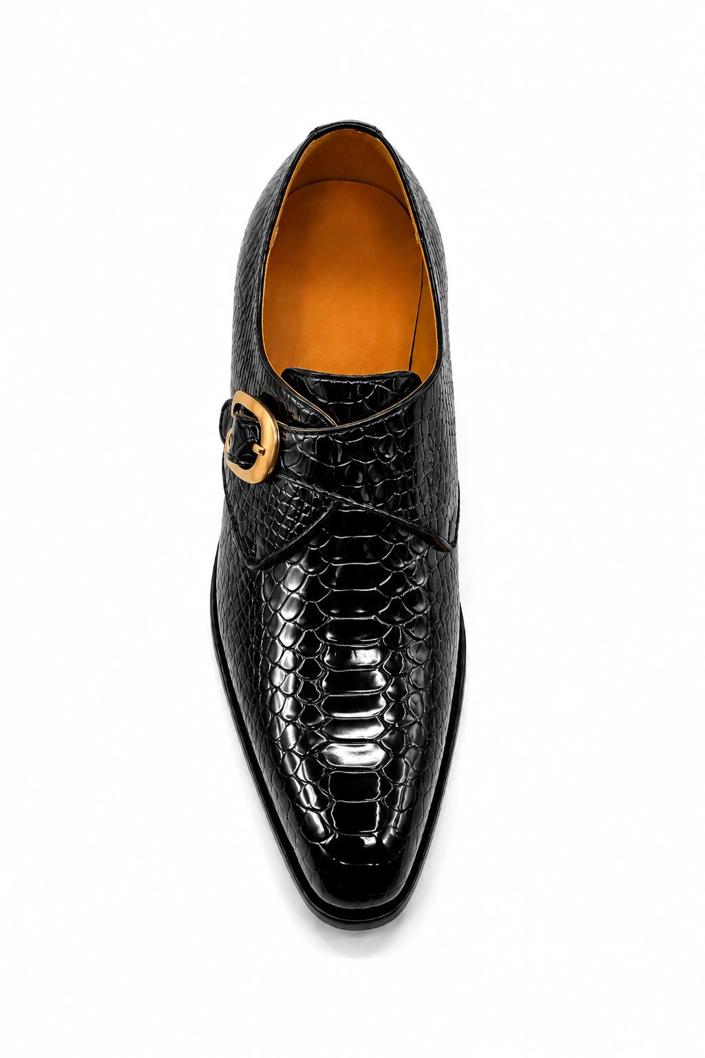 BLACK CROC PRINT PATENT LEATHER MONK SHOES