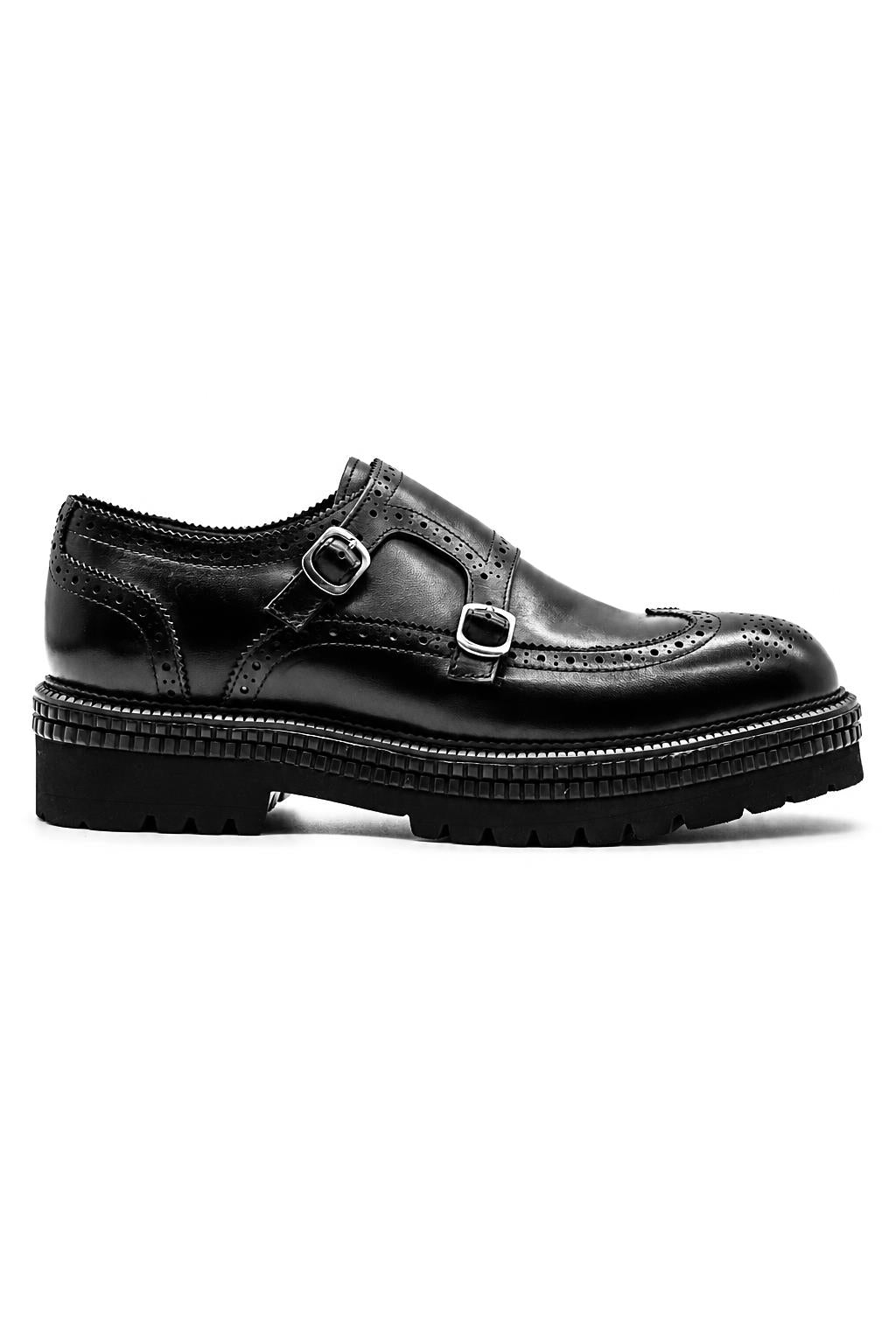 Men's Black Double Monk Strap Brogues - Chunky Sole
