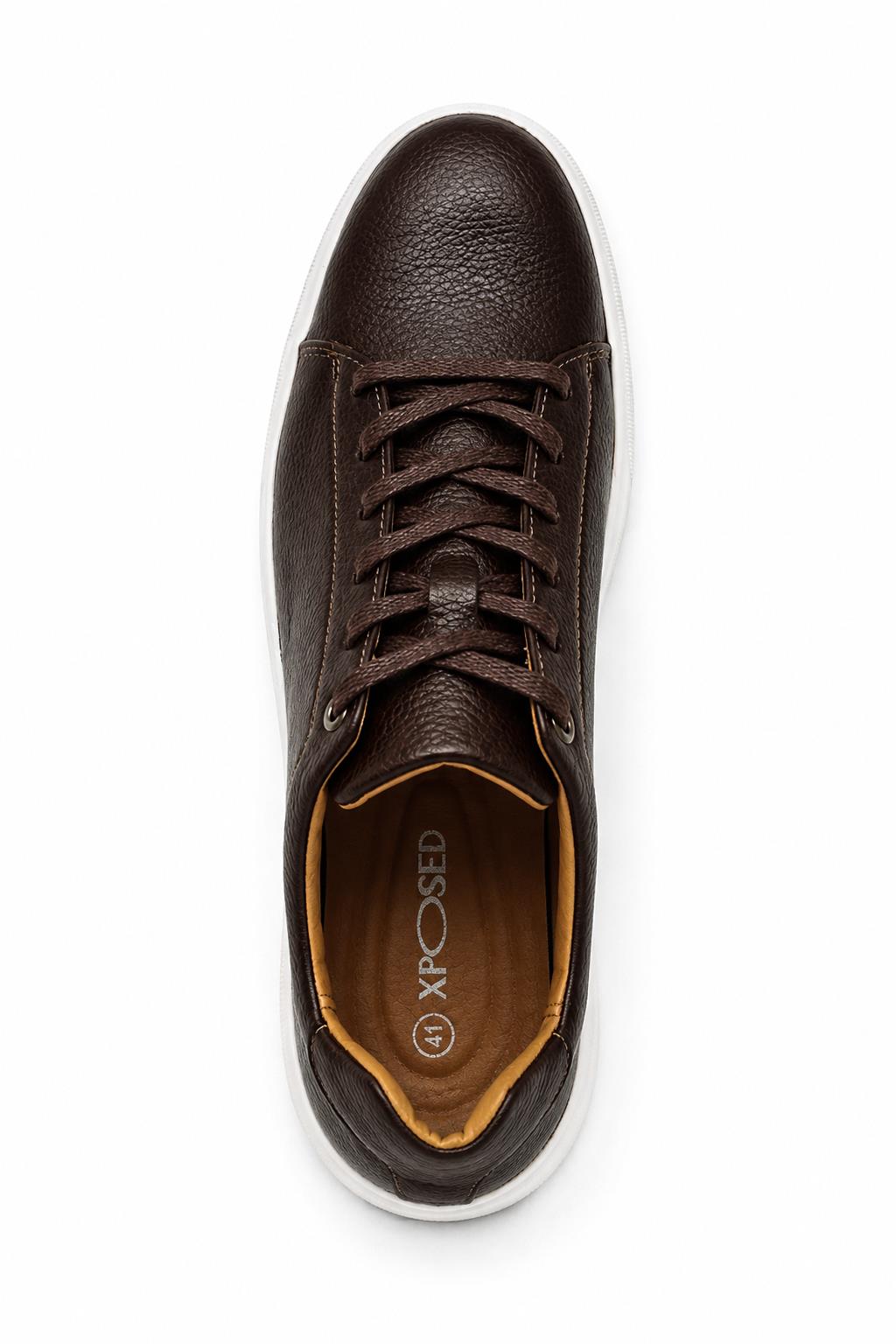 Men’s Coffee Brown Grain-Effect Faux Leather Lace-Up Trainers