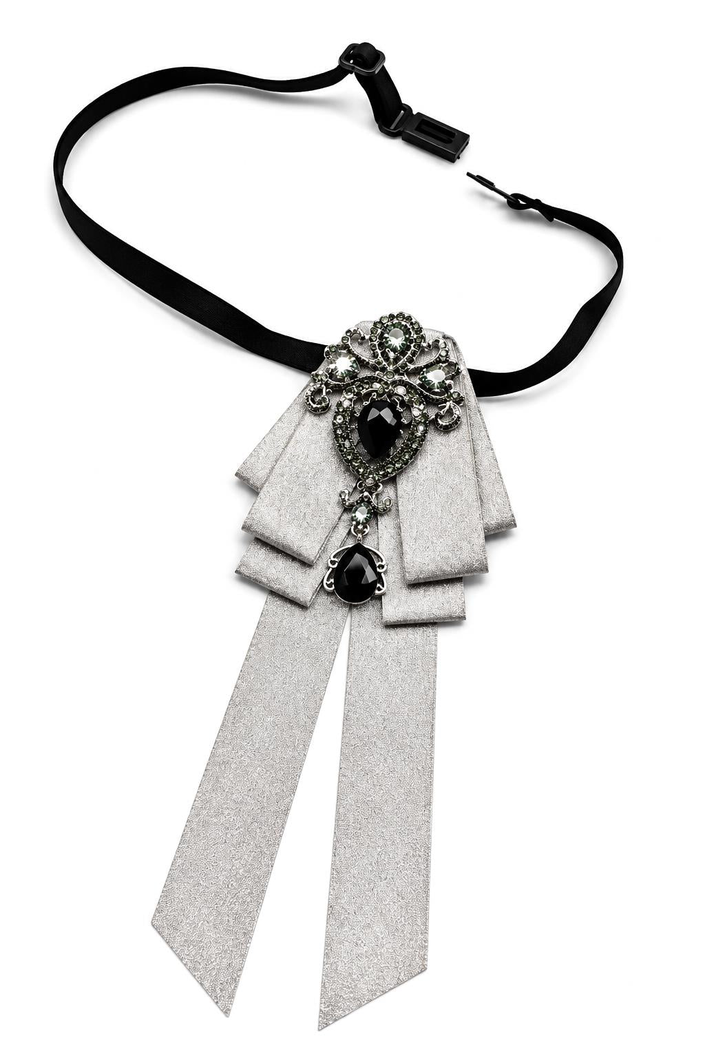 Men’s Silver Jewelled Short Ribbon Wedding Brooch Bow Tie