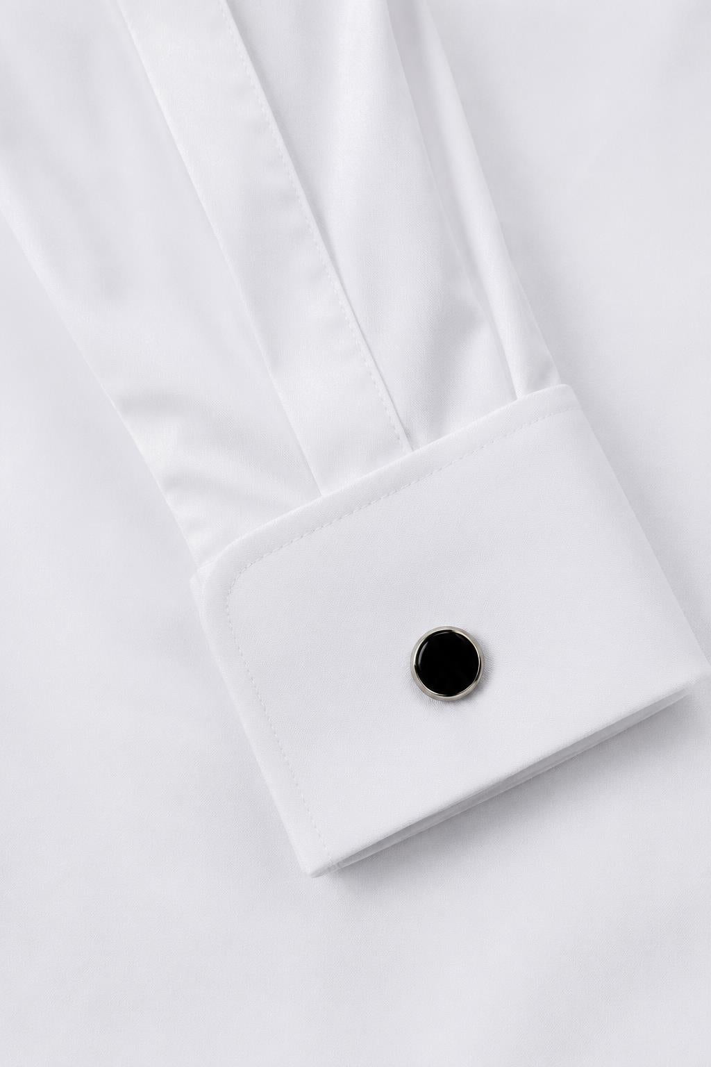Men's White Pleated Front Tuxedo Shirt with Black Buttons & Pocket Square