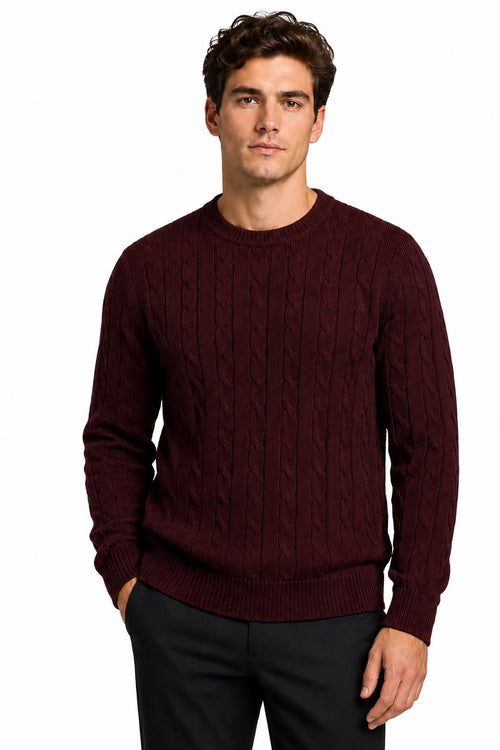 Men's Maroon 100% Cotton Fine Cable Knit Crew Neck Jumper