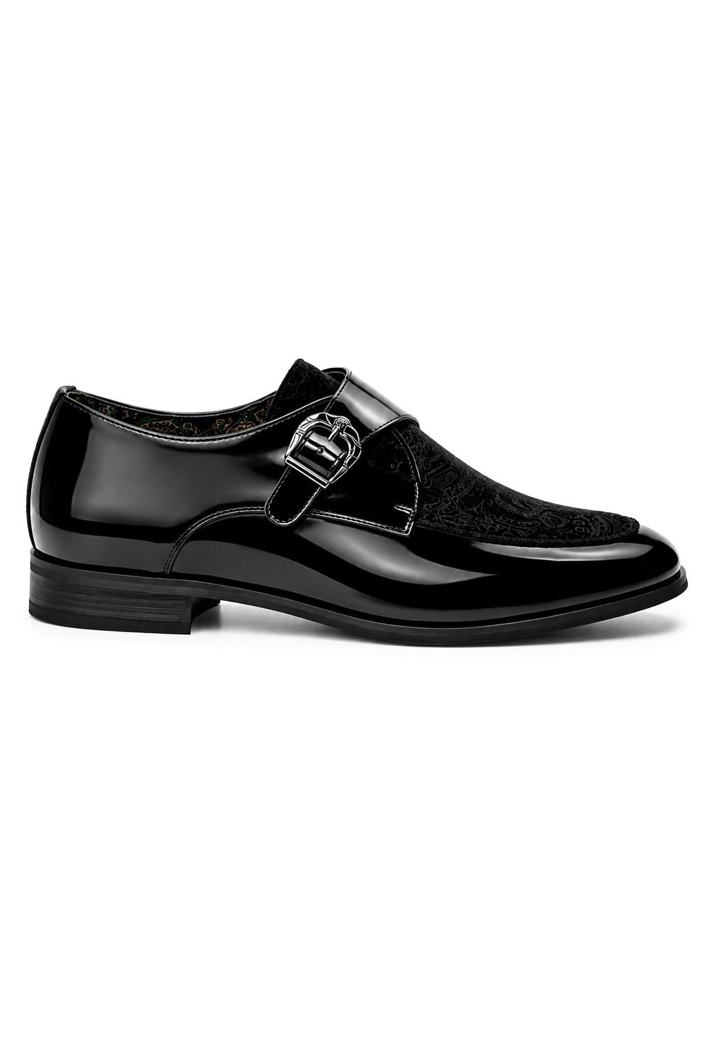 Men's Black Floral Velvet Monk Strap Dress Shoes