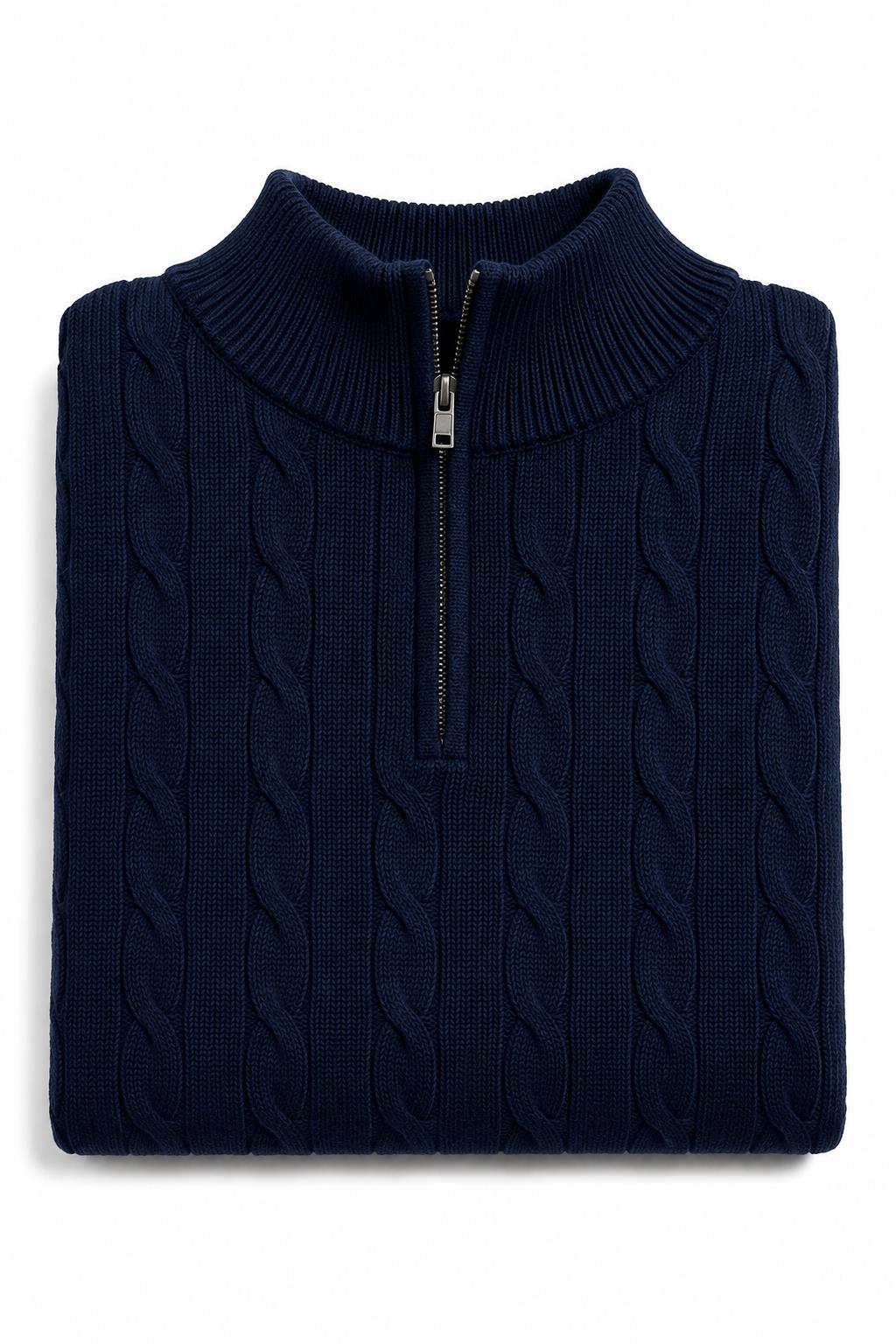 Men's Navy Blue 100% Cotton Fine Cable Knit Quarter Zip Neck Jumper