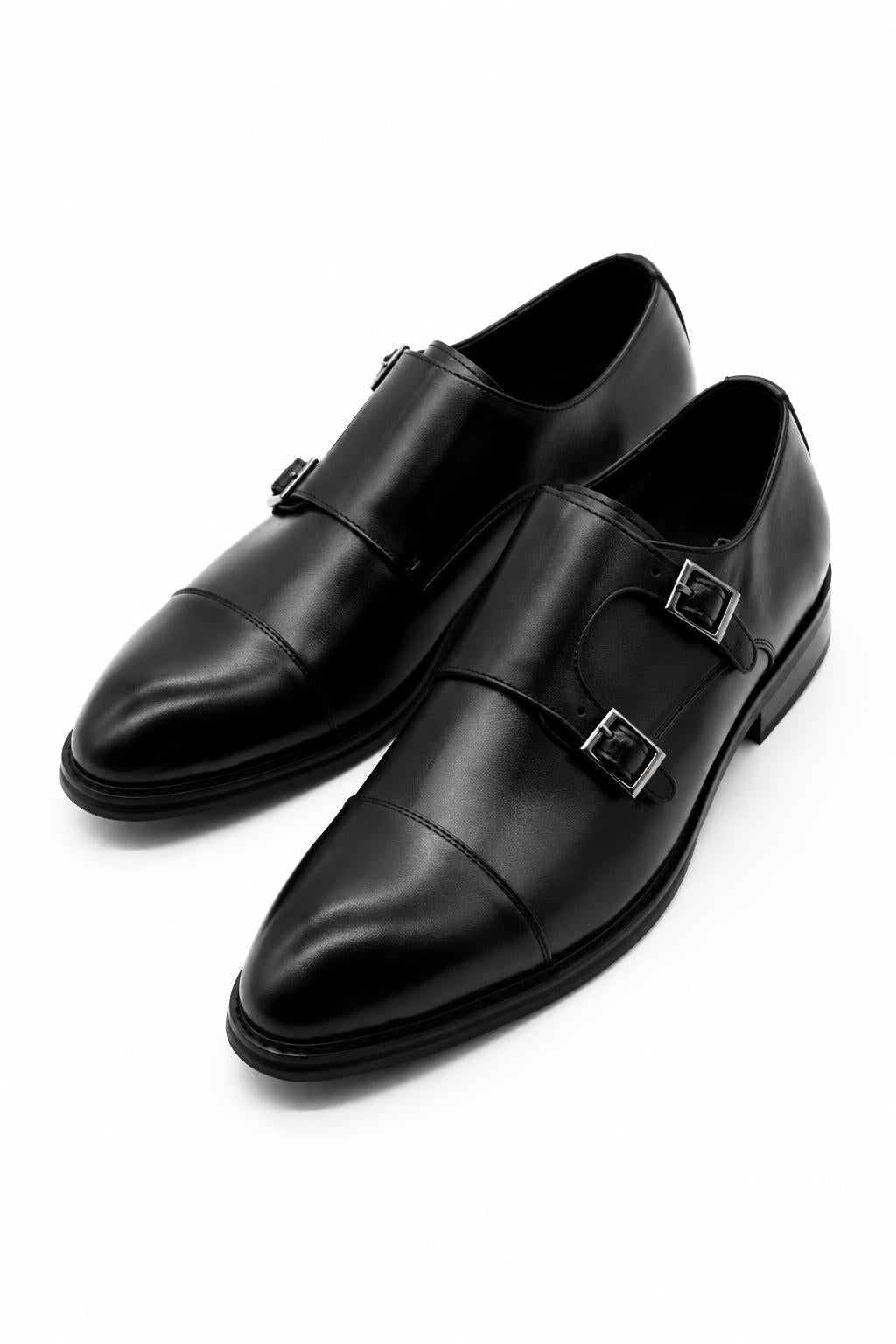 Men's Black Double Monk Strap Cap Toe Formal Shoes