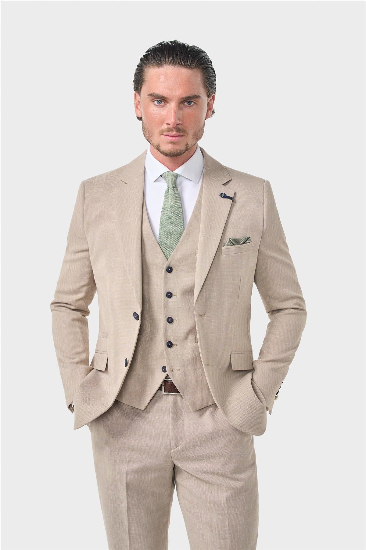 MIAMI – TAILORED FIT LINEN BLEND STONE 3 PIECE SUIT