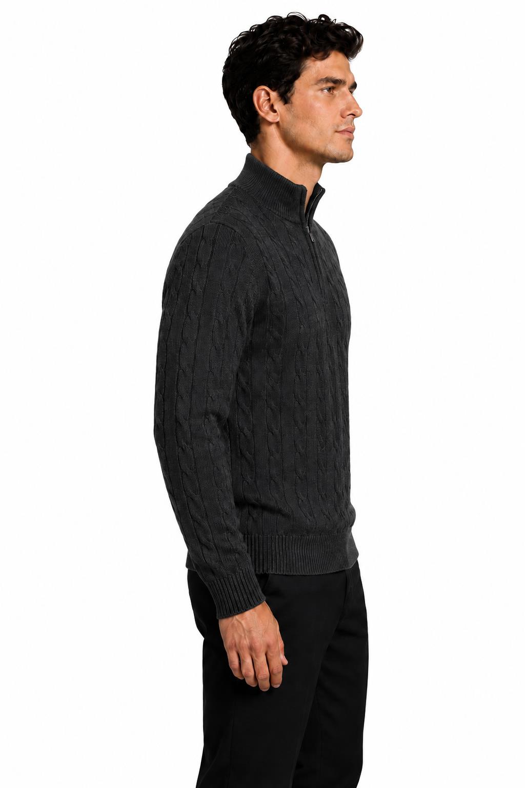 Men's Charcoal Grey 100% Cotton Fine Cable Knit Quarter Zip Neck Jumper
