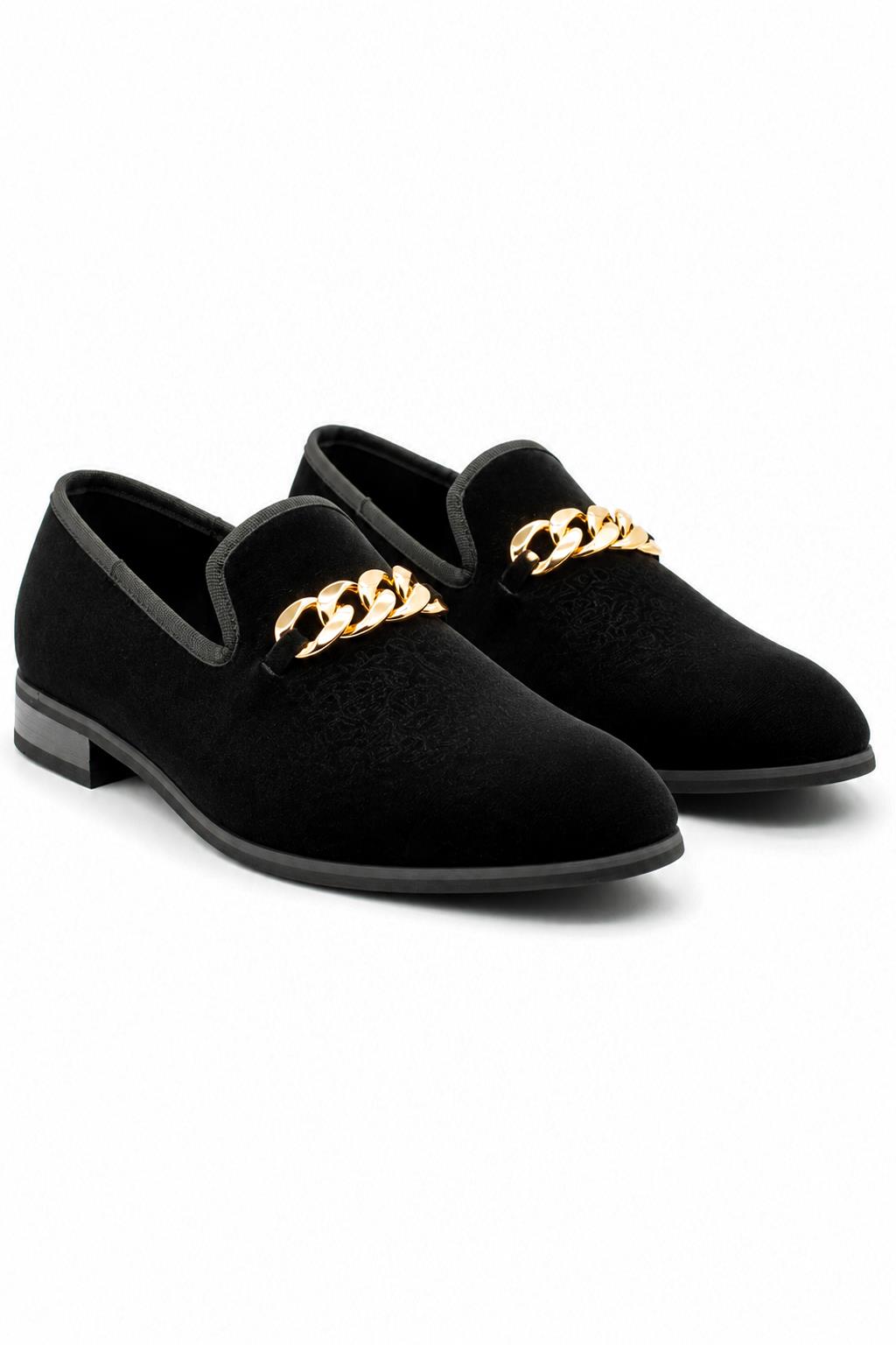 Men's Black Floral Velvet Gold Chain Wedding Loafers