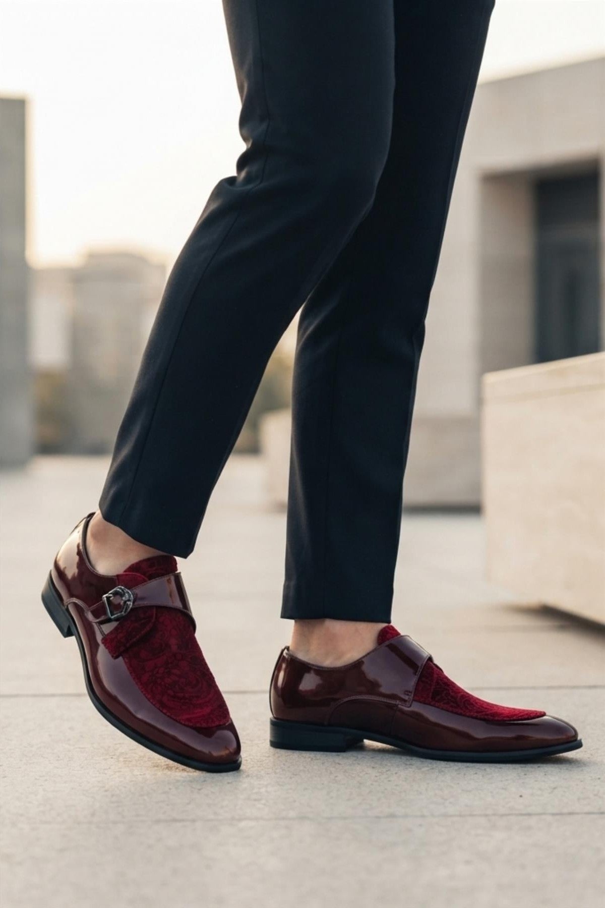 Men's Maroon Floral Velvet Monk Strap Dress Shoes