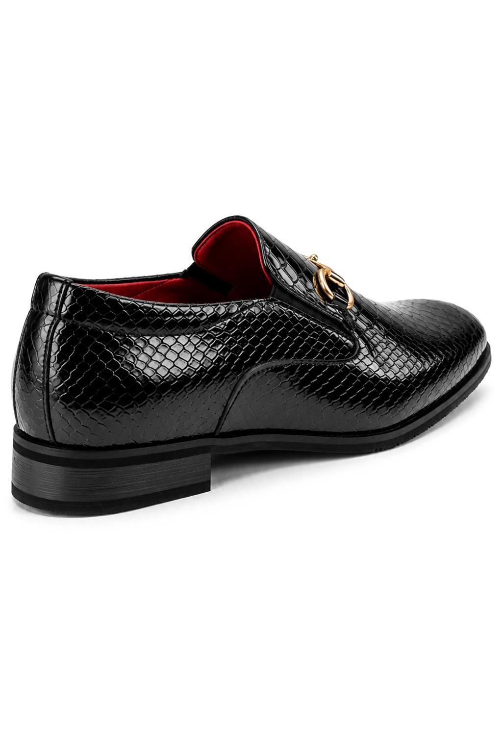 Men’s Black Patent Slip-On Loafers with Gold Snaffle Buckle