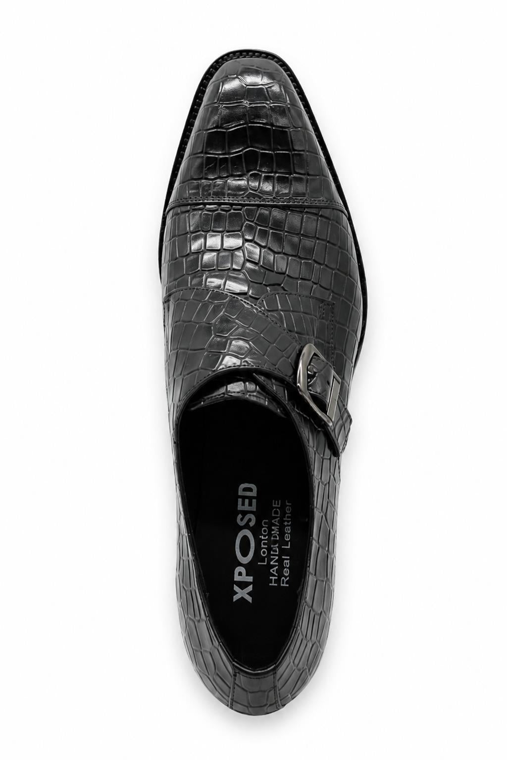 ELAN Men's Black Croc Embossed Leather Single Monk Strap Shoes
