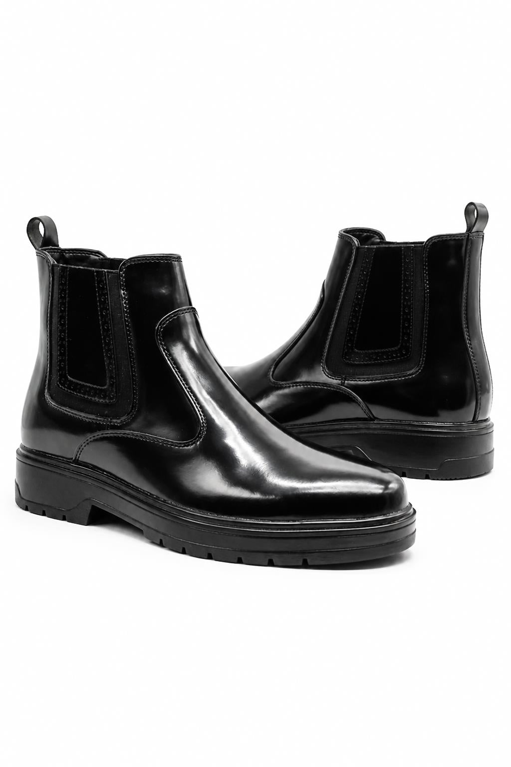 Men's Black Patent Faux Leather Retro Chelsea Boots Lug Sole