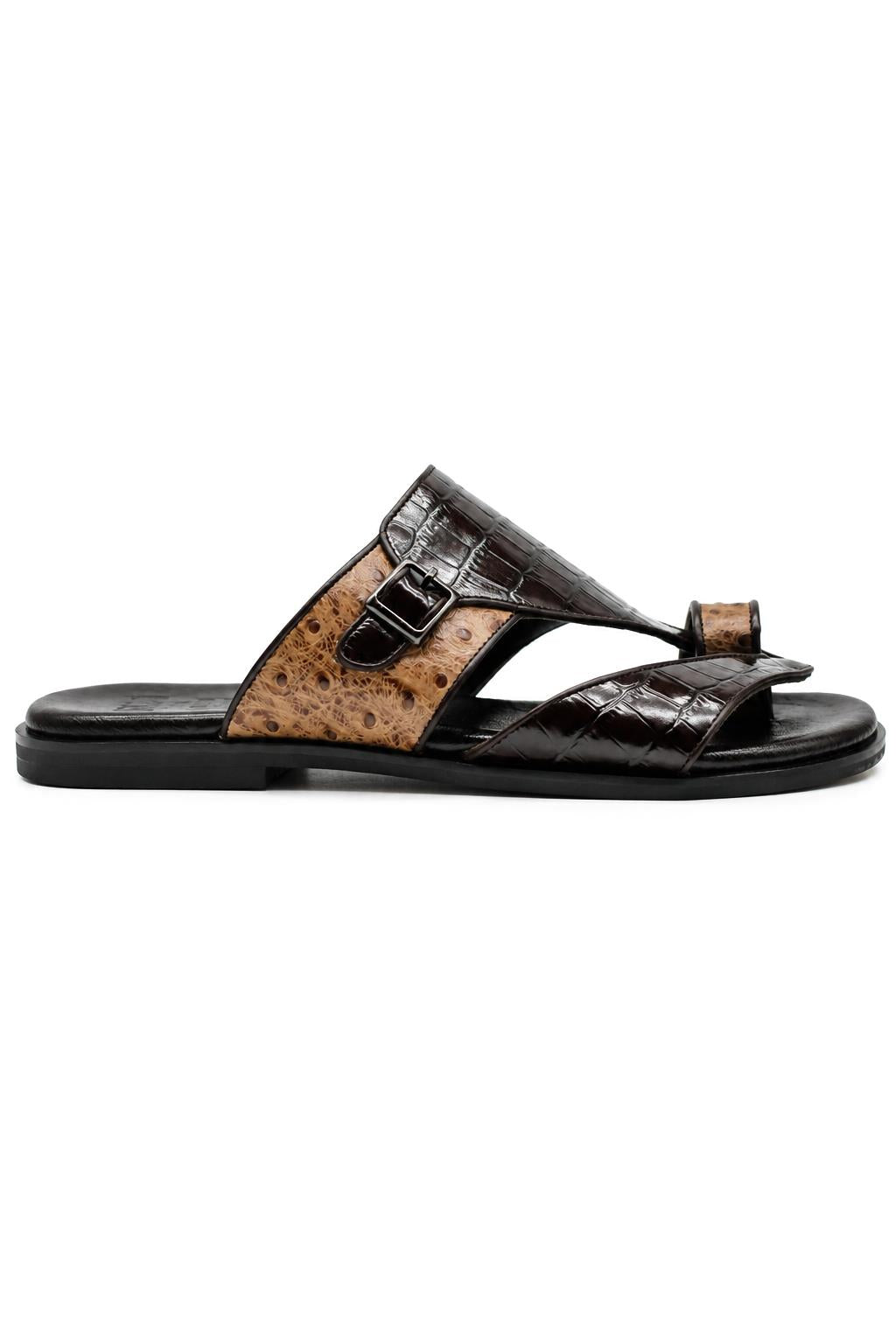 Men's Brown Two-Tone Handmade Real Leather Croc Embossed Sandals