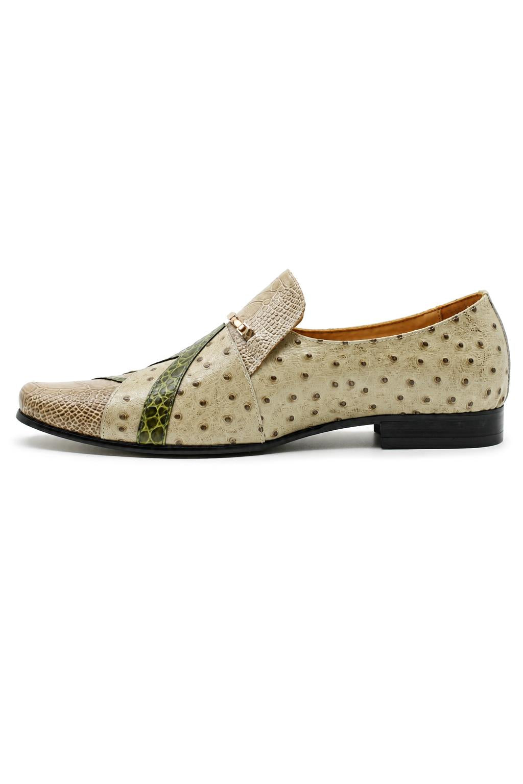 Men’s Cream & Green Snake-Effect Real Leather Loafers