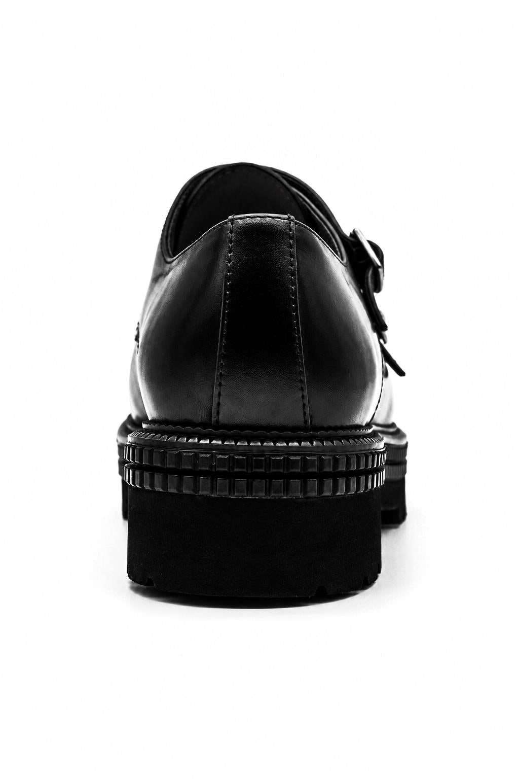 Men's Black Polished Leather Double Monk Strap Shoes - Chunky Sole