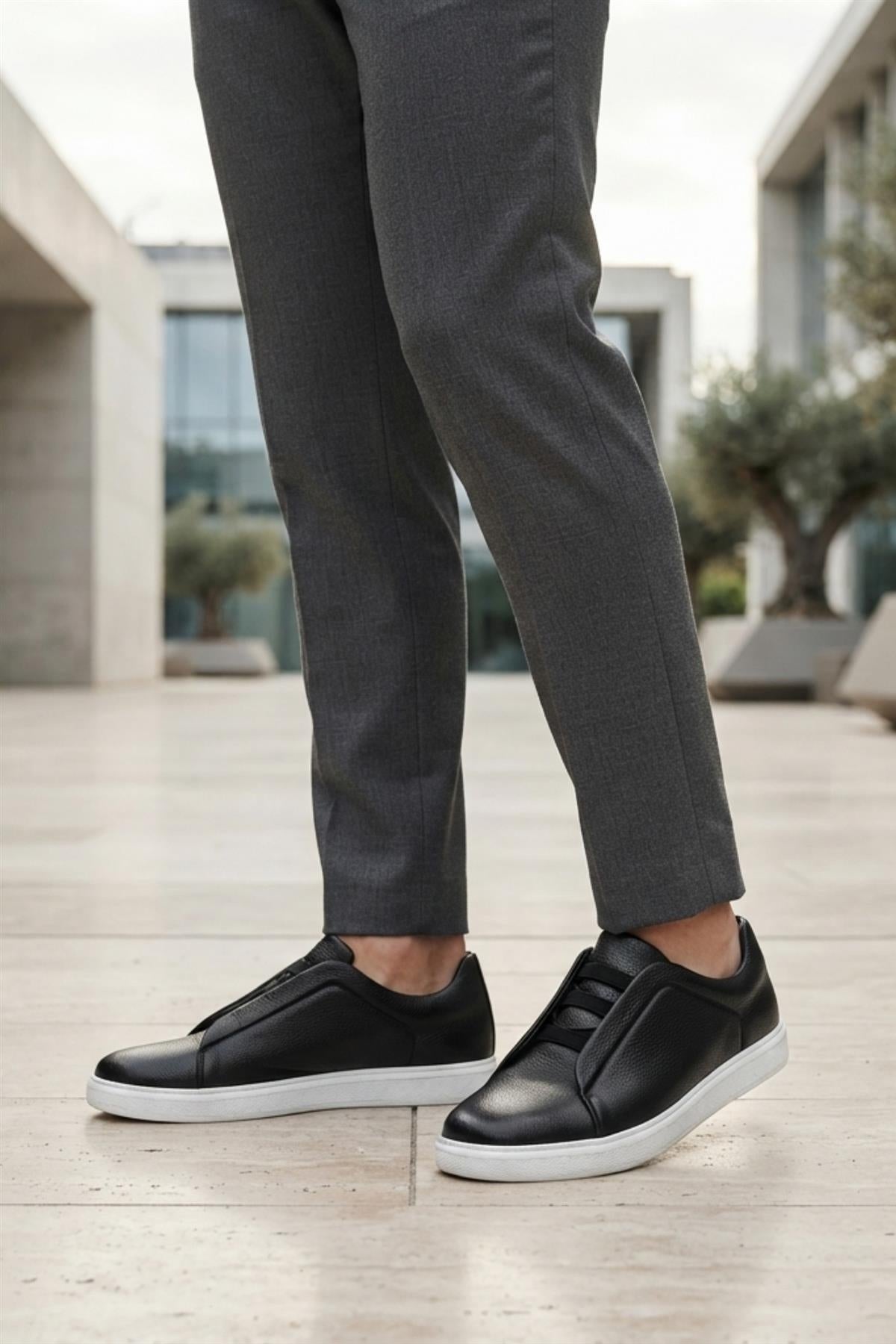 Men’s Black Faux Leather Slip-On Trainers