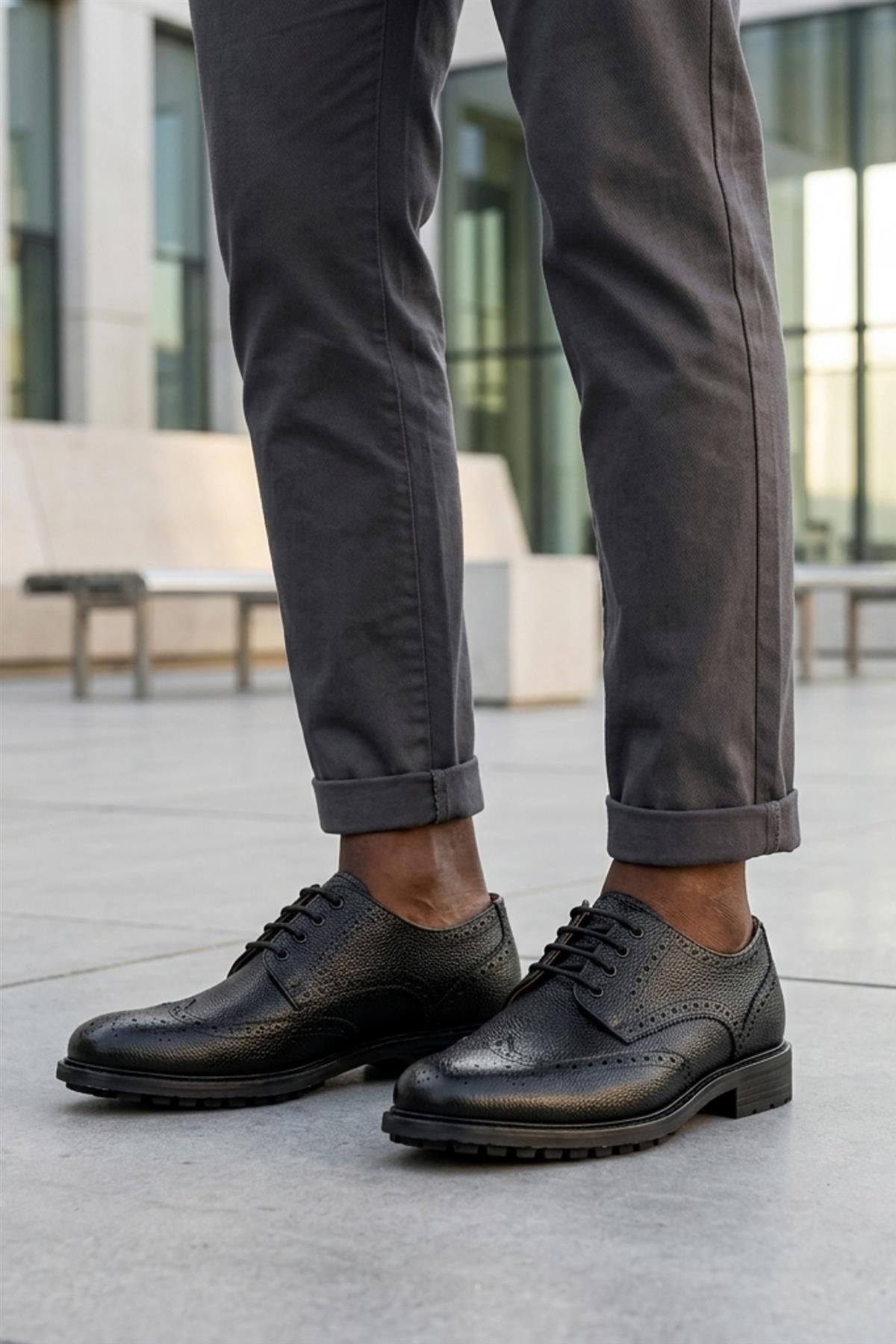 HART Men’s Black Grain Leather Wingtip Brogue Derby Shoes