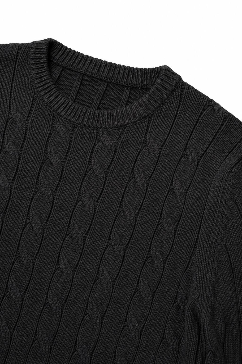 Men's Black 100% Cotton Fine Cable Knit Crew Neck Jumper