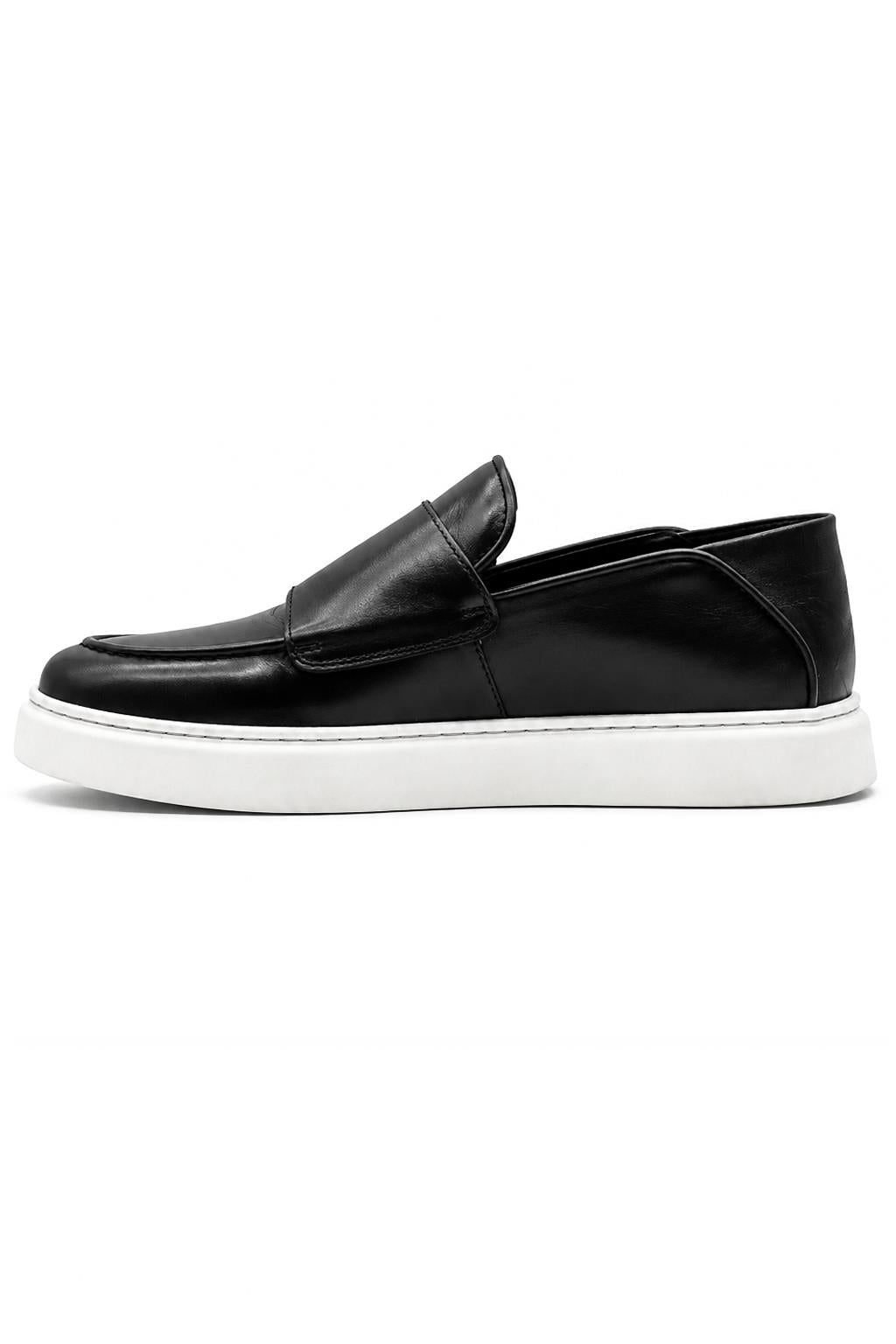 Men's Black Real Leather Double Monk Strap Trainers White Sole