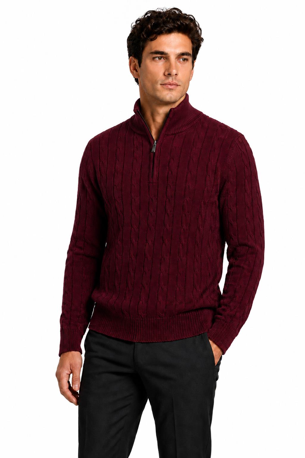 Men's Maroon 100% Cotton Fine Cable Knit Quarter Zip Neck Jumper