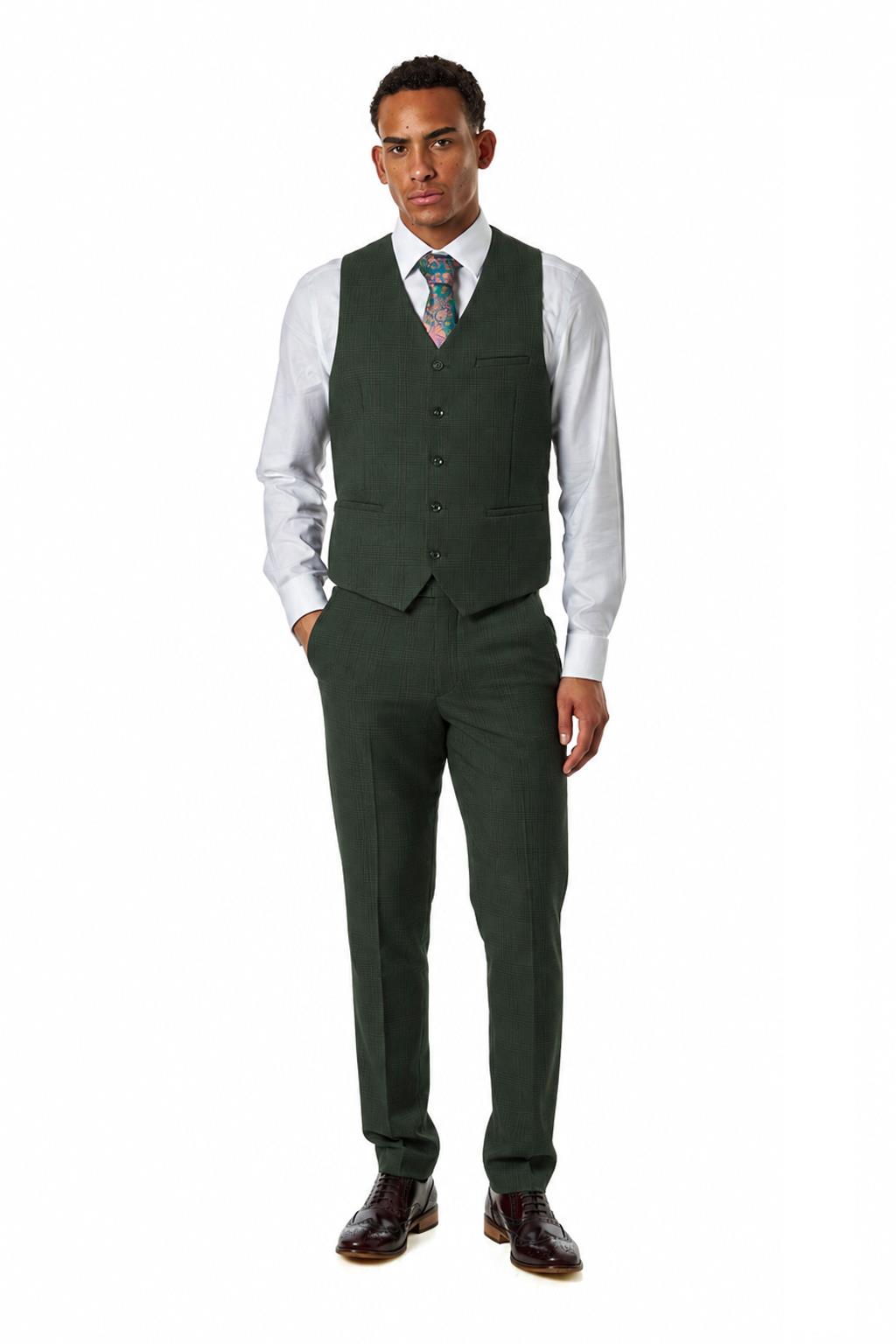 Finley - Men's Olive Green Prince of Wales Check Tailored Waistcoat
