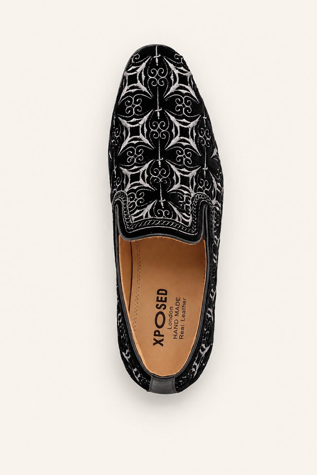 VITO Men’s Black Silver Embroidered Velvet Real Leather Party Loafers