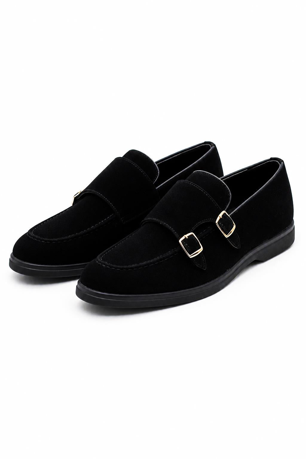 Men's Black Faux Suede Double Monk Strap Loafers