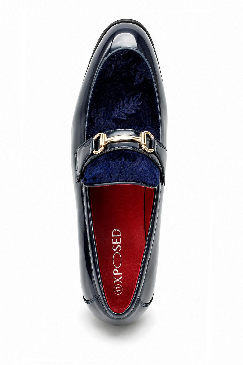 Men's Navy Floral Velvet Patent Snaffle Dress Loafers