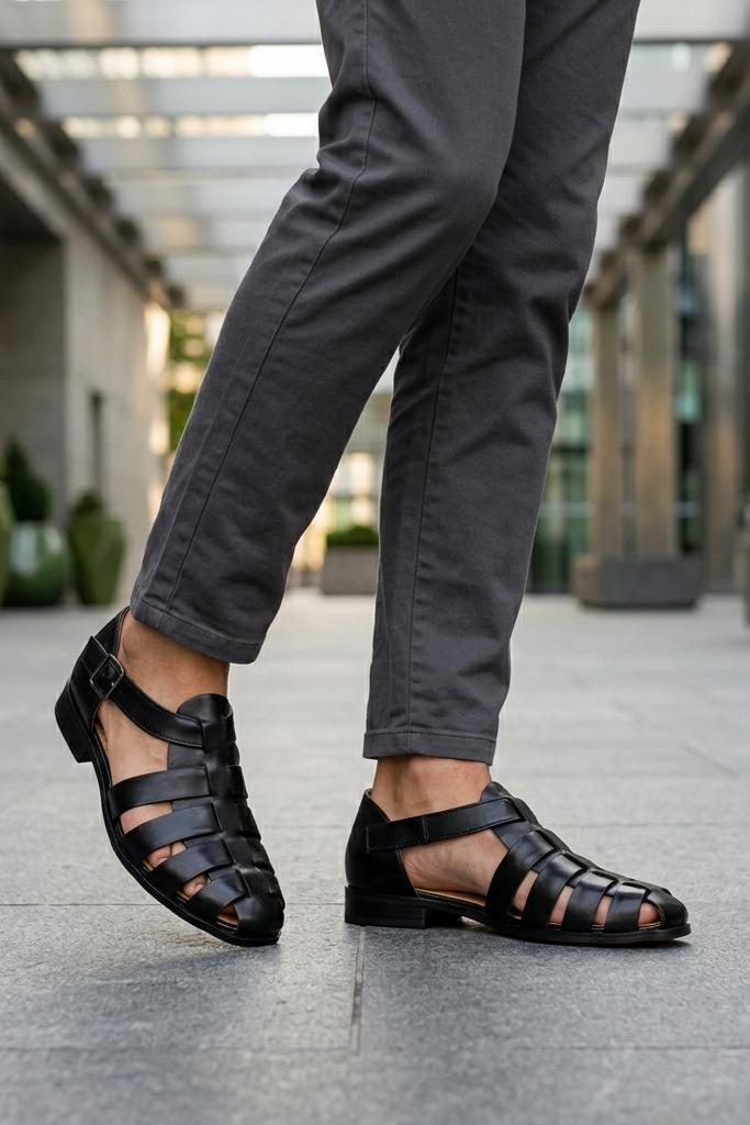 Luke - Black Handmade Real Leather Fisherman Sandals