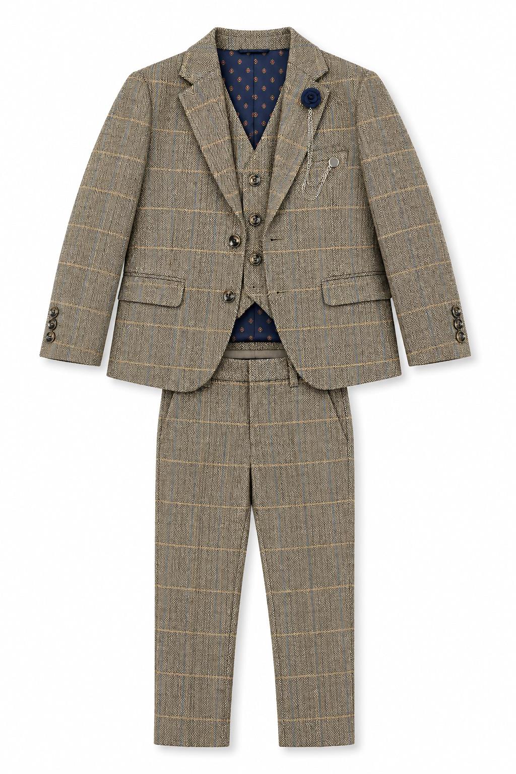 Boys Tan Brown Tweed Check 3 Piece Suit with Lapel Pin