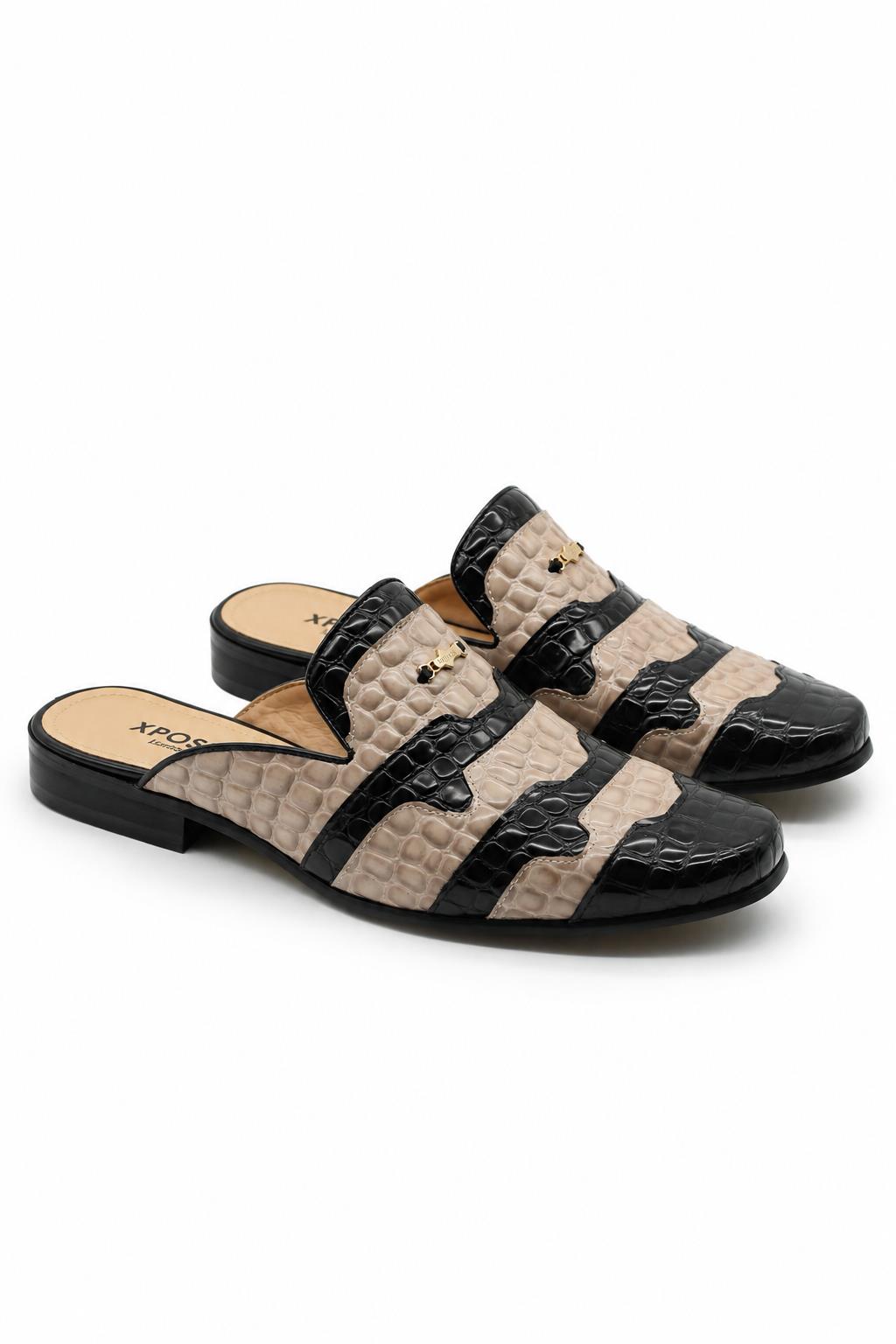 Men’s Black & Beige Shiny Patent Print Half Shoes