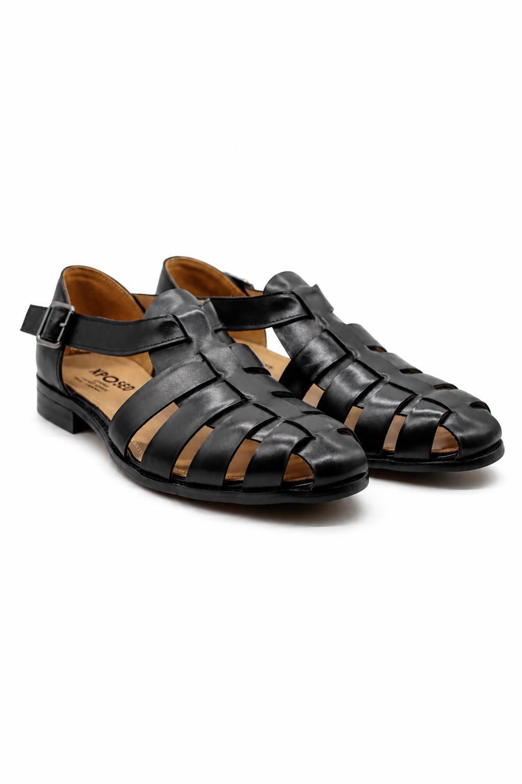 Men's Black Handmade Real Leather Fisherman Sandals