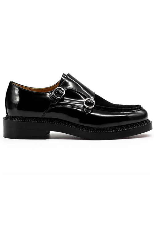 Men's Black Real Leather & Suede Double Monk Strap Shoes