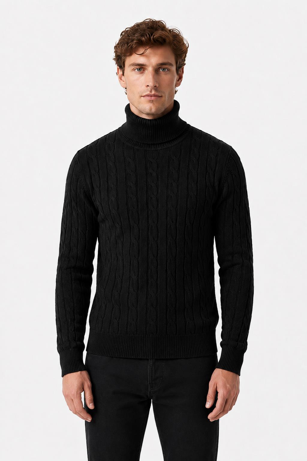 Men's Black 100% Cotton Fine Cable Knit Roll Neck Jumper