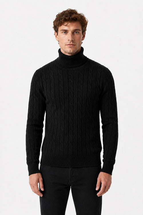 Men's Black 100% Cotton Fine Cable Knit Roll Neck Jumper