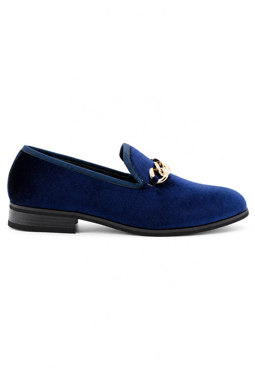 Men's Navy Smooth Velvet Gold Chain Dress Loafers