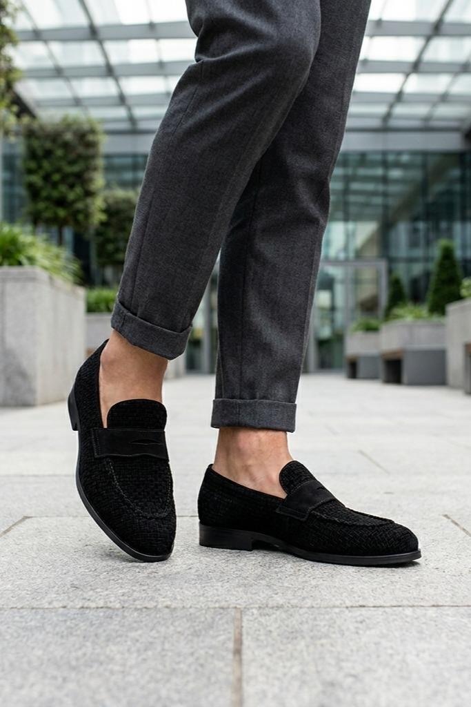 BRIO Men’s Black Woven Suede Leather Penny Loafers