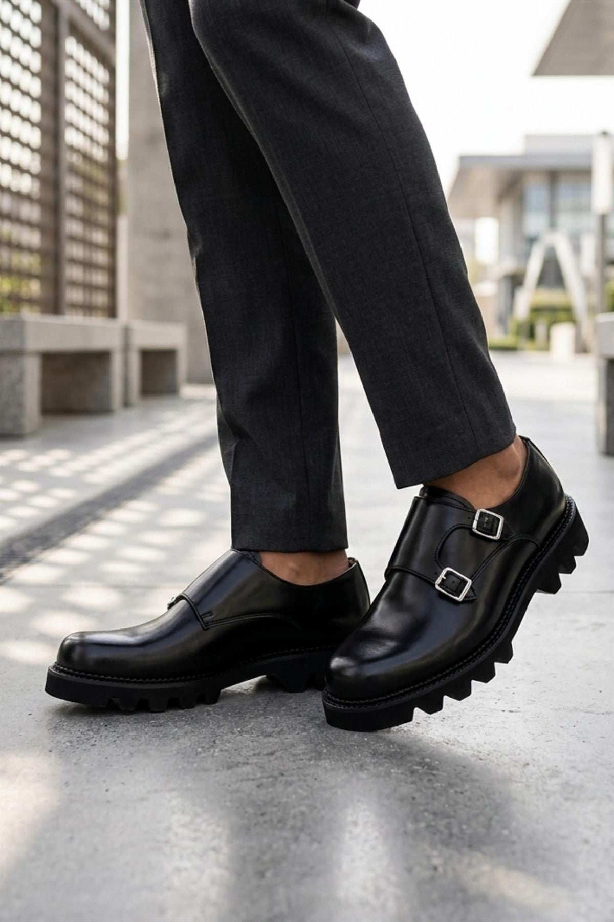 KNOX Men’s Black Leather Chunky Double Monk Strap Shoes