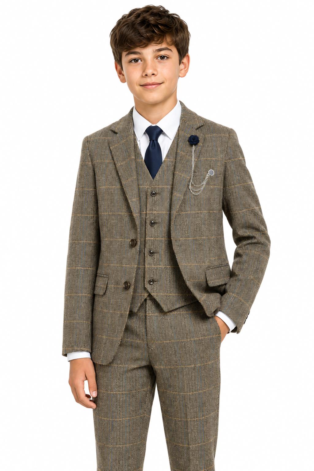 Boys Tan Brown Tweed Check 3 Piece Suit with Lapel Pin