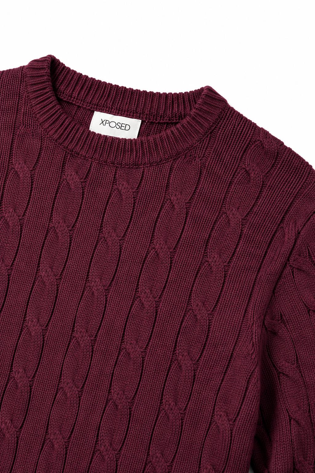 Men's Maroon 100% Cotton Fine Cable Knit Crew Neck Jumper