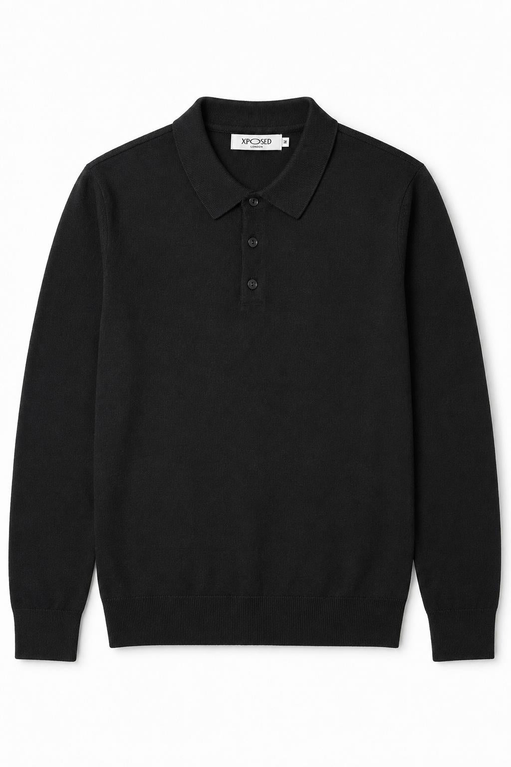 Men's Black 100% Cotton Fine Knit Button Neck Polo Jumper