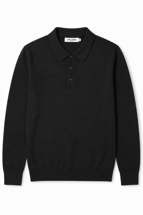 Men's Black 100% Cotton Fine Knit Button Neck Polo Jumper